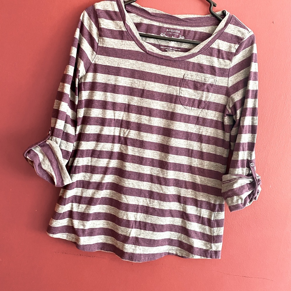Scoop neck, striped, long sleeve shirt